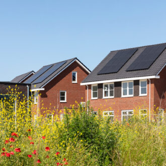 Solar panels on the roof of new built houses in The Netherlands collecting green energy from the sun in a modern and sustainable way. New technology on Dutch houses surrounded by nature and poppy flowers
